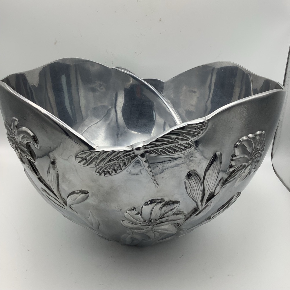 Decorative Silver Floral Dragonfly Accent Bowl - Silver